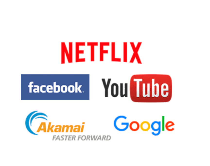 Logos de Netflix, Facebook, YouTube, Akamai e Google